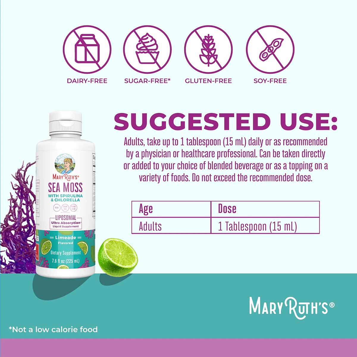 Bottle of MaryRuth's Sea Moss with Spirulina and Chlorella liquid supplement with lime slice and purple seaweed decoration.