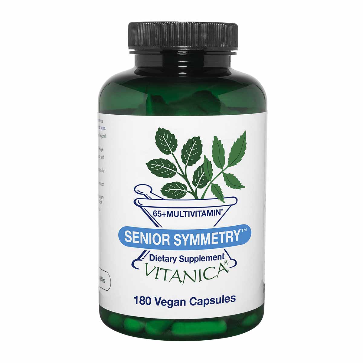 A green bottle with a black cap and white label reads Senior Symmetry, Vitanica, 65+ multivitamin, 180 vegan capsules.