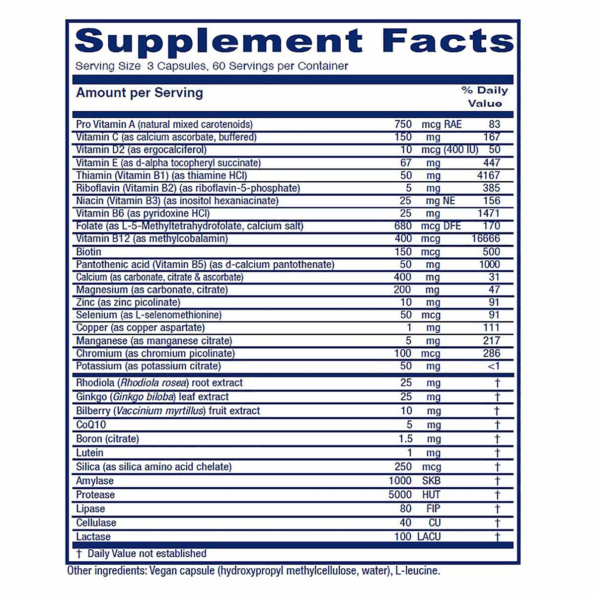 A Supplement Facts panel lists vitamins, minerals, herbal extracts and enzymes for a three-capsule serving, with sixty servings per container.