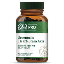 Gaia Herbs Pro Serenocin Heart-Brain Axis bottle with green cap containing 60 dark liquid phyto-capsules.