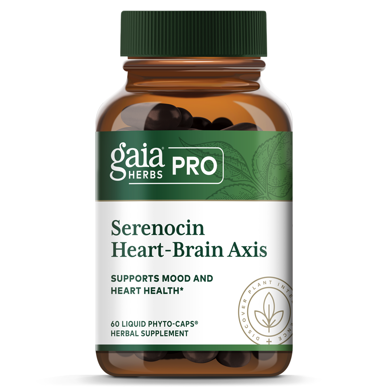 Gaia Herbs Pro Serenocin Heart-Brain Axis bottle with green cap containing 60 dark liquid phyto-capsules.