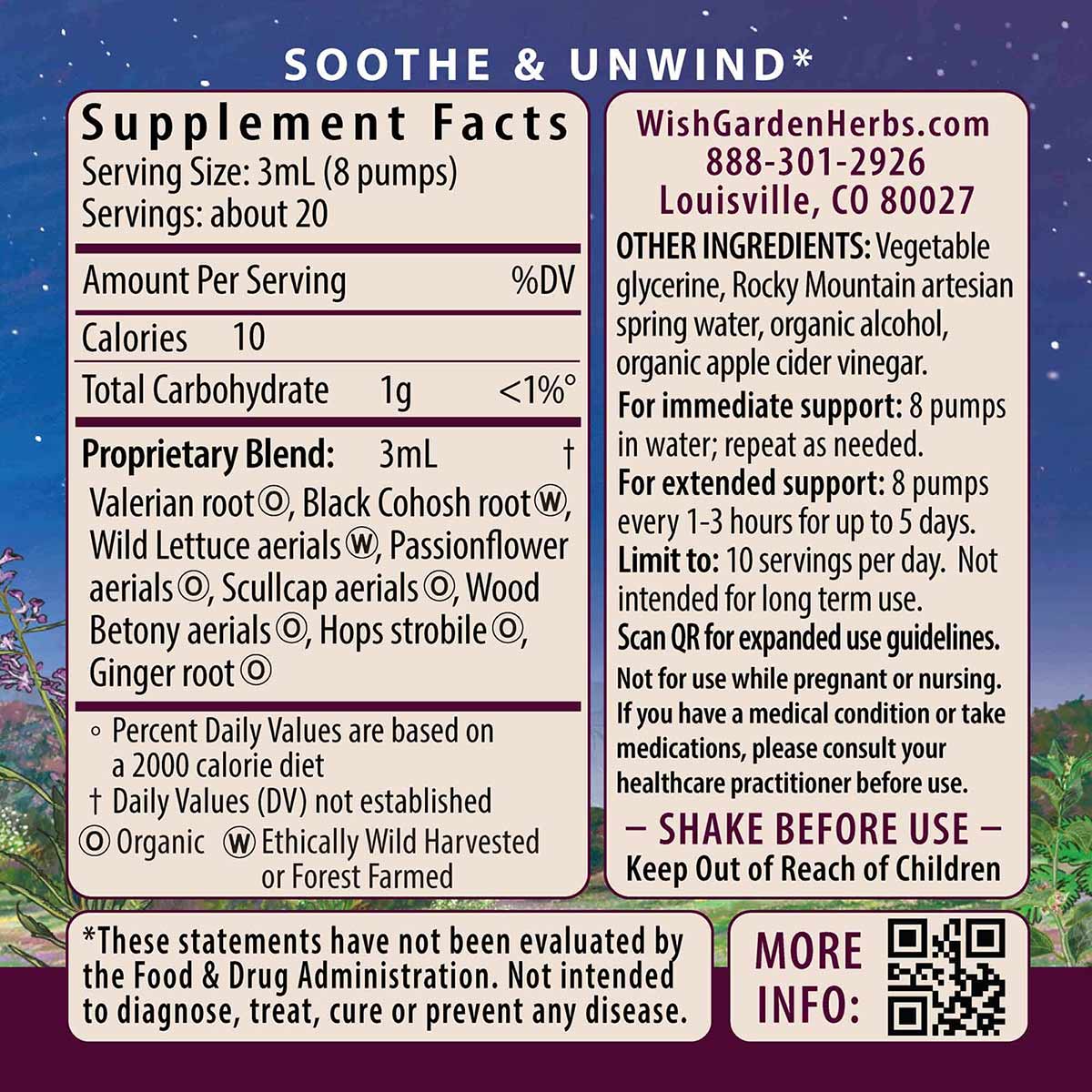 Supplement Facts label for Serious Relaxer herbal tincture showing ingredients, serving size, and usage instructions on starr