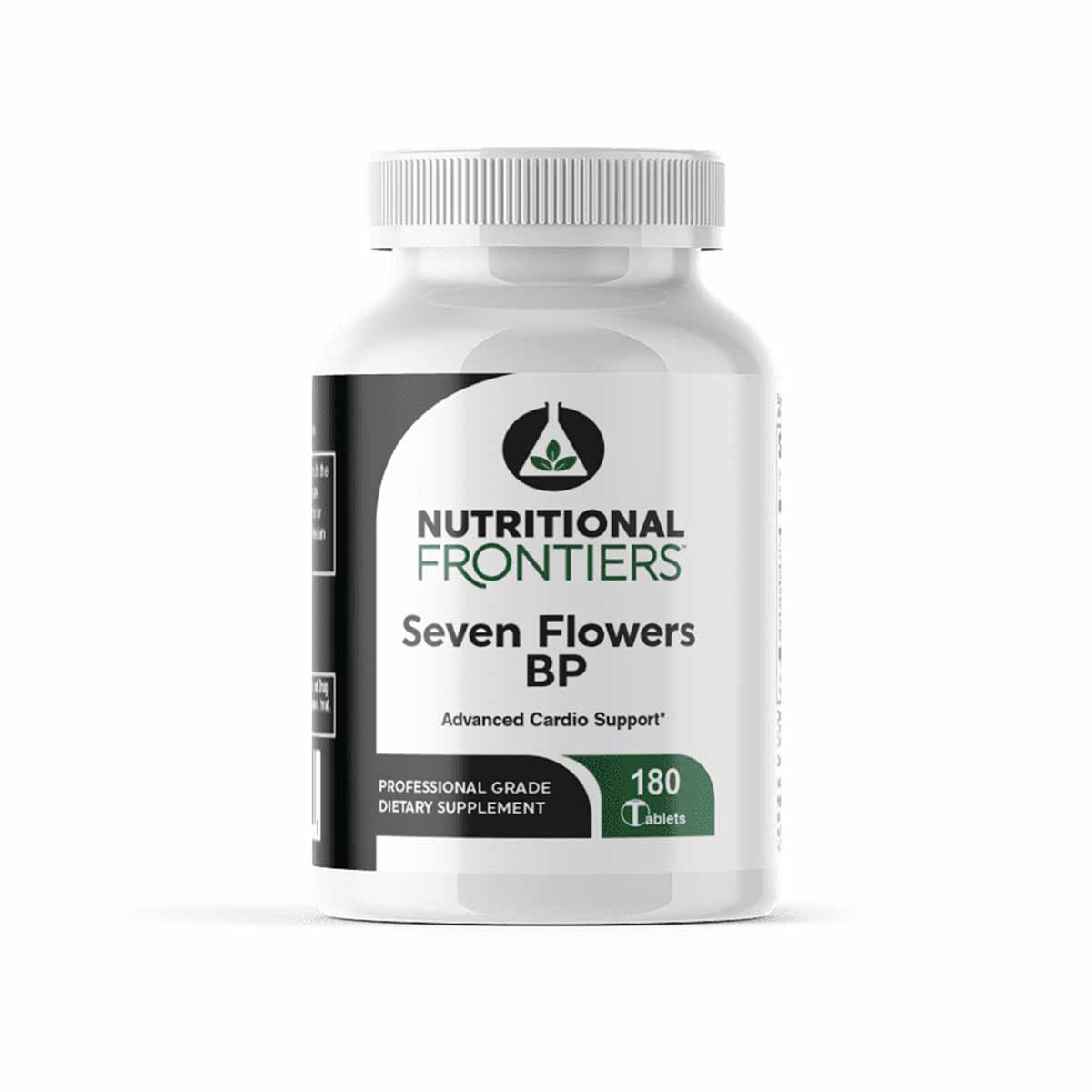 White bottle of Nutritional Frontiers Seven Flowers BP dietary supplement containing 180 tablets with white screw-top cap.