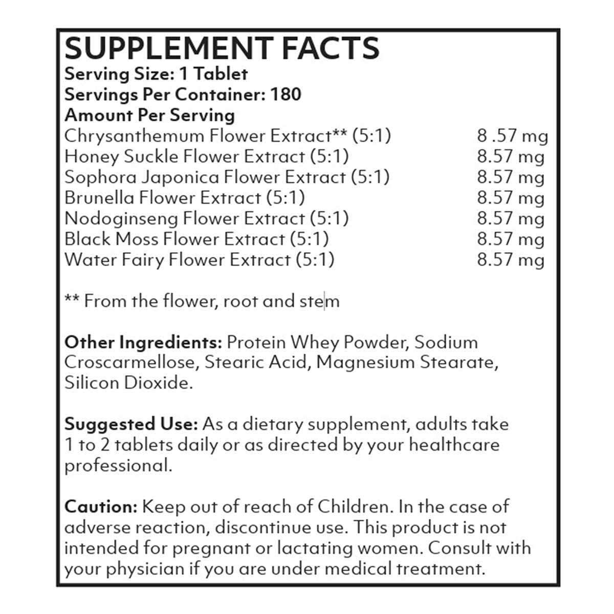 Supplement Facts label for Seven Flowers BP tablet showing serving size, ingredient amounts, and usage instructions.