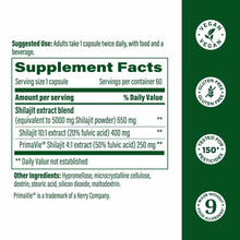 Supplement facts label showing shilajit extract blend with fulvic acid, vegan and gluten-free certifications, 60 capsules per