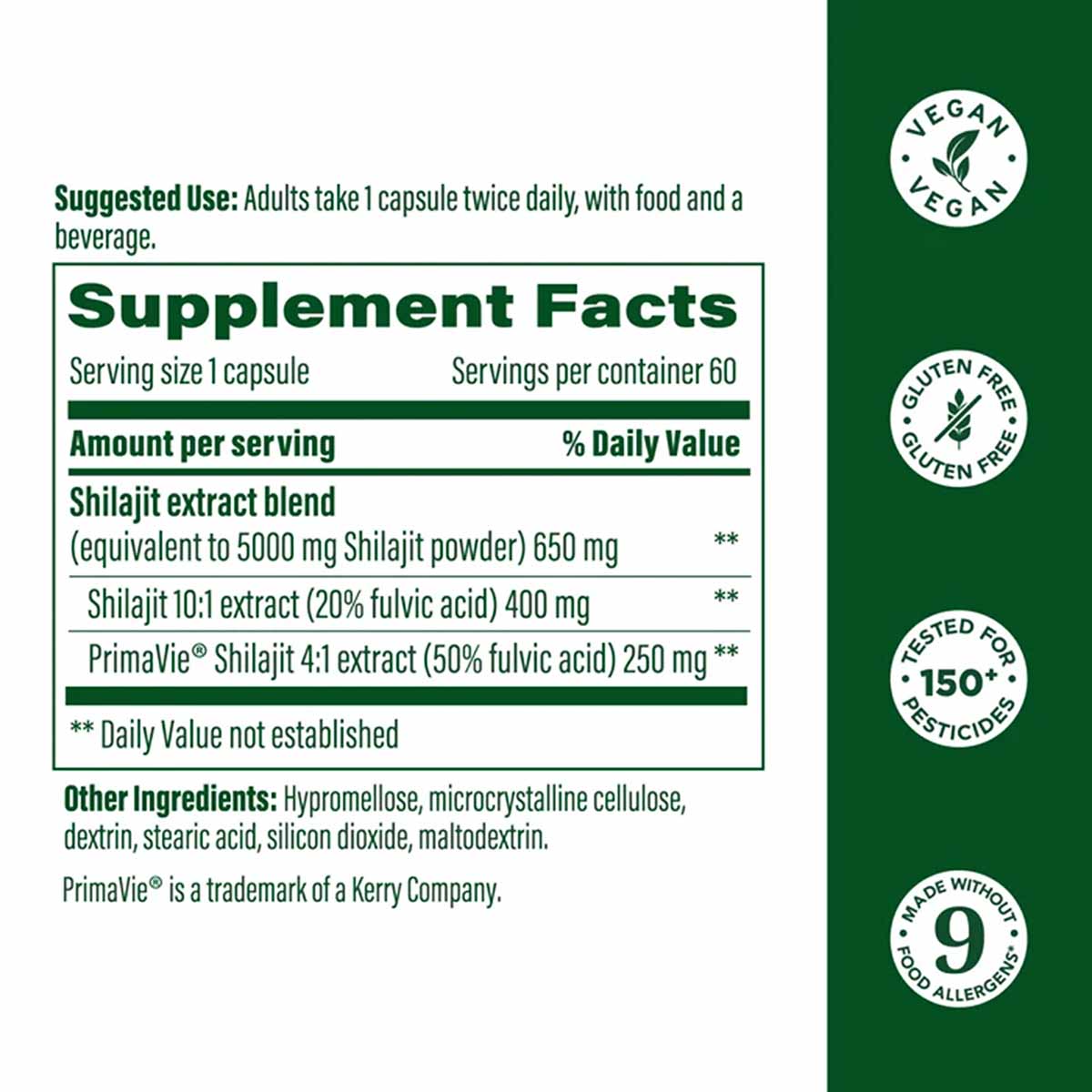 Supplement facts label showing shilajit extract blend with fulvic acid, vegan and gluten-free certifications, 60 capsules per