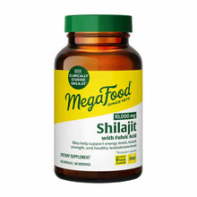 Megafood Shilajit with Fulvic Acid supplement bottle, 10,000 mg, 60 capsules, amber glass container with green cap.