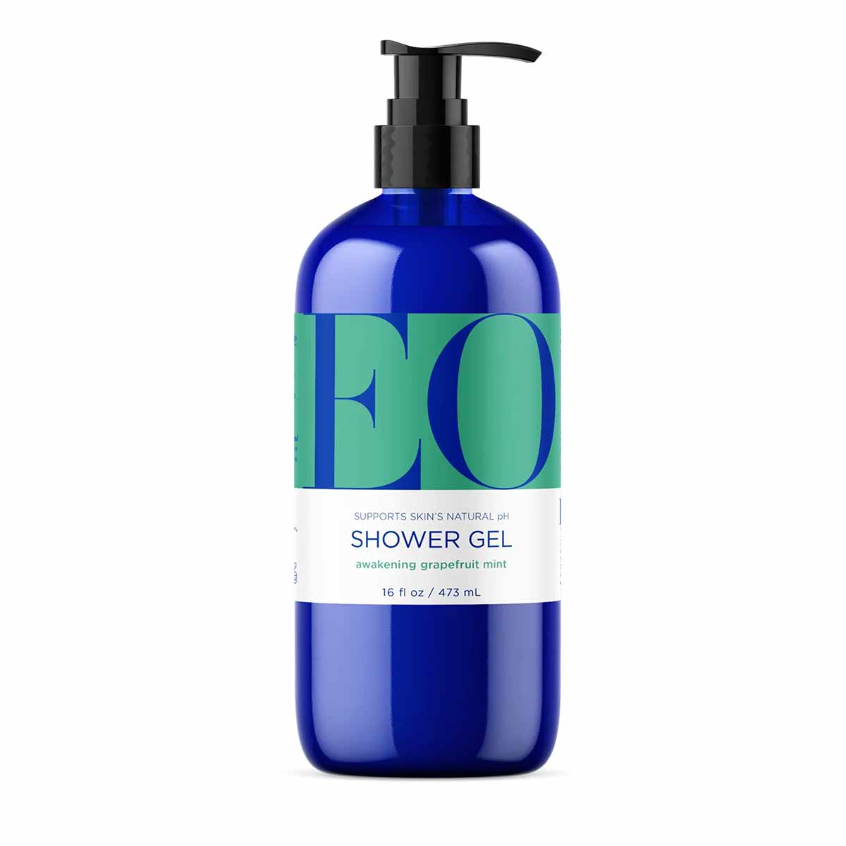 EO Products shower gel in blue bottle with black pump dispenser, 16 fl oz, awakening grapefruit mint scent.