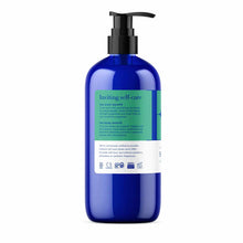 Blue bottle of EO Products shower gel with black pump dispenser and green and white product label.