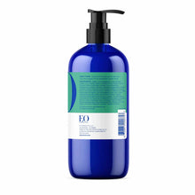 Blue plastic pump bottle of EO Products shower gel with black pump dispenser and green and white label.