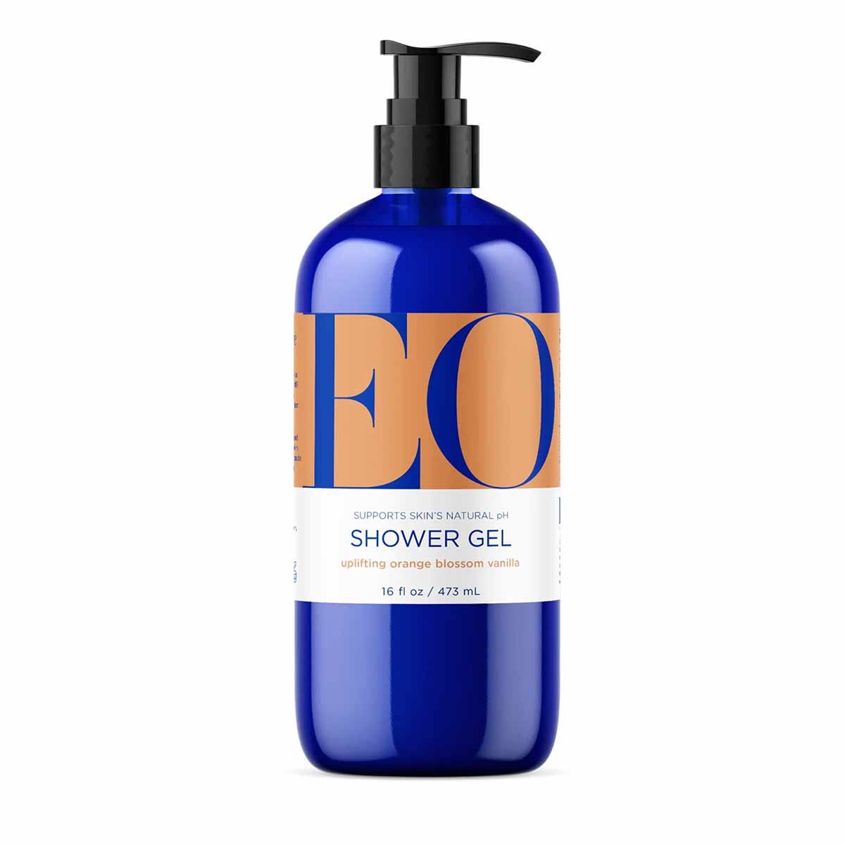 Blue pump bottle of EO Products shower gel with tan label, 16 fl oz size.