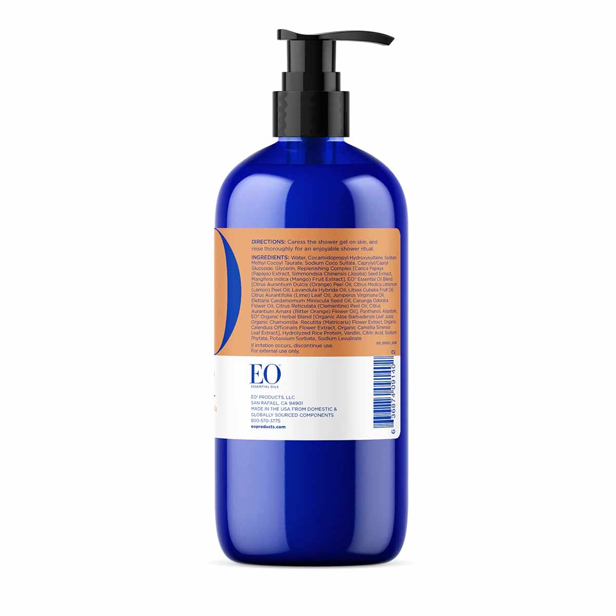 Blue plastic bottle of EO Products shower gel with black pump dispenser and orange and white label.