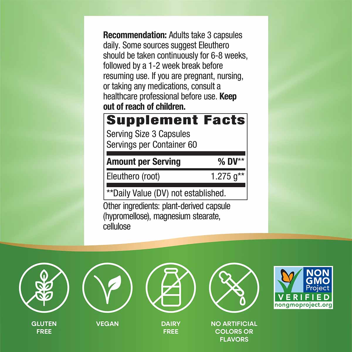 White label with dosage instructions and supplement facts for Siberian Eleuthero Root capsules on green background with certi