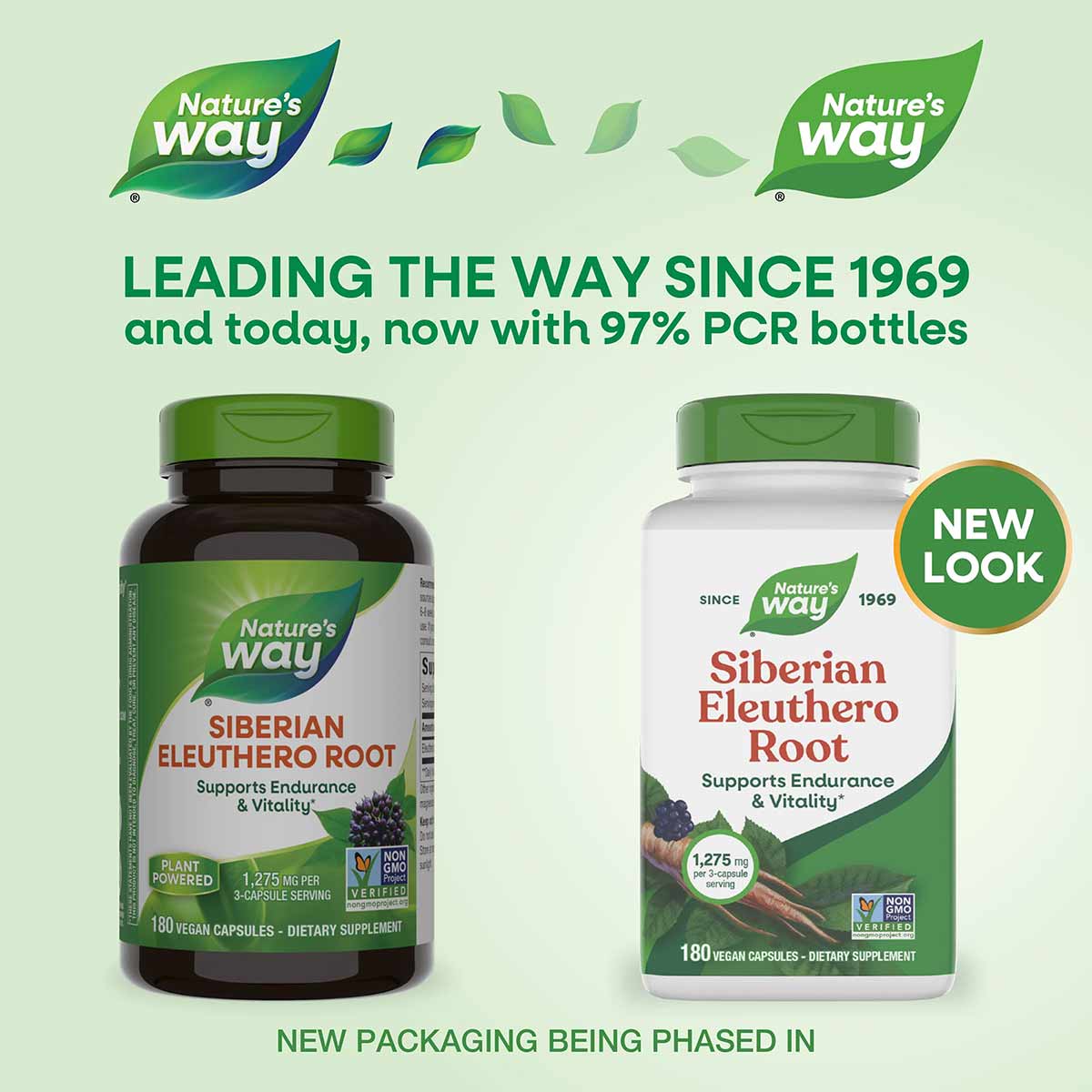 Two Nature's Way Siberian Eleuthero Root supplement bottles with green caps: dark glass bottle on left, white bottle on right