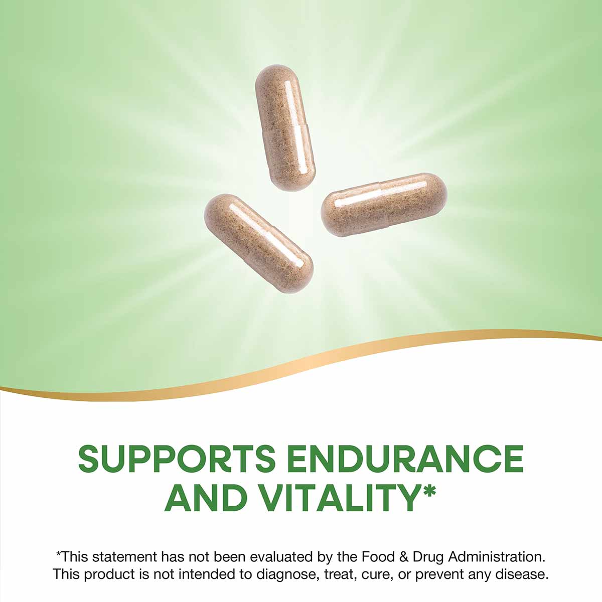 Three tan capsules on a light green background with a curved gold and white design element at the bottom.