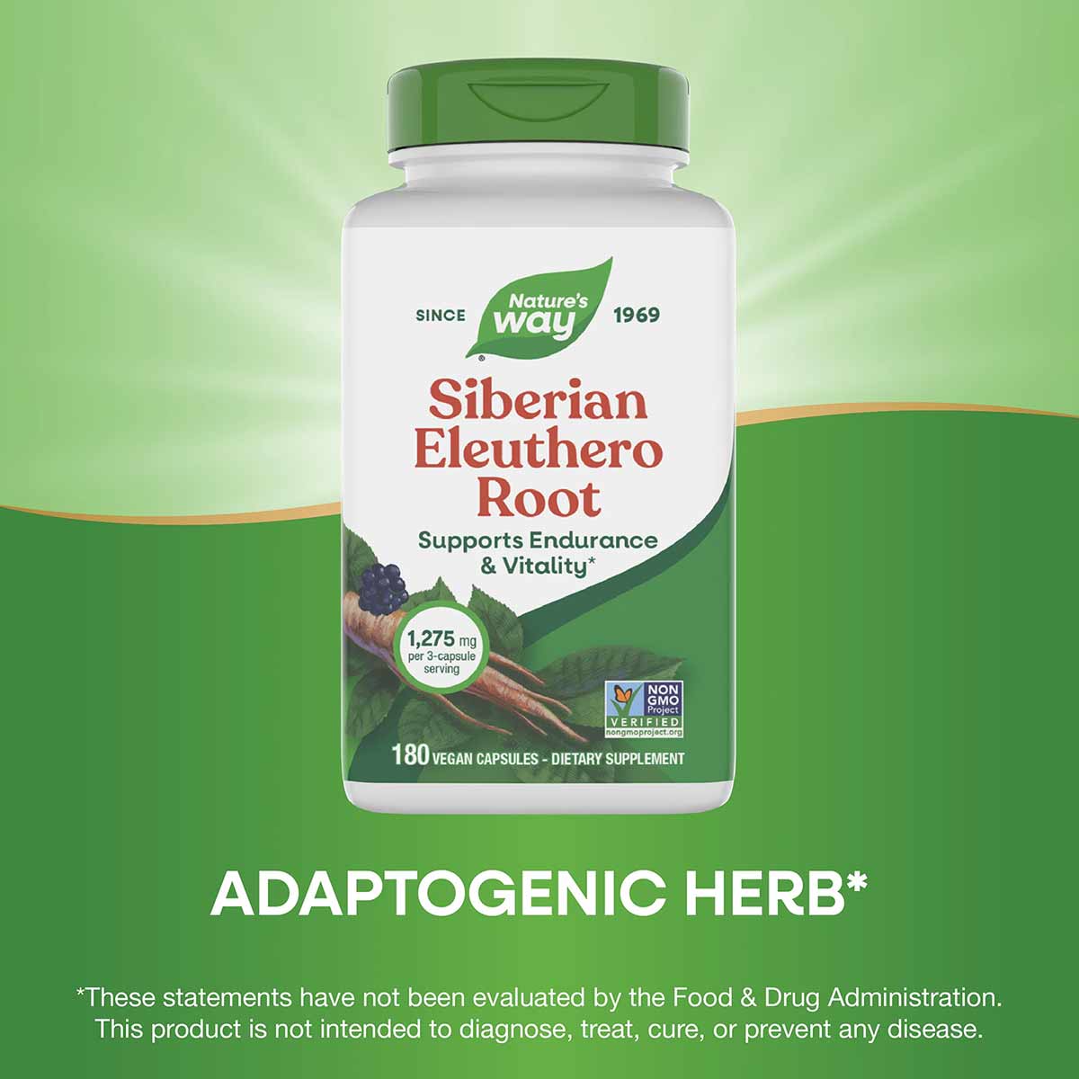 Nature's Way Siberian Eleuthero Root supplement bottle with green cap, 180 vegan capsules, white label with red text on green