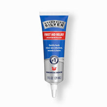 Sovereign Silver First Aid Relief gel tube, 1 fl oz, with blue and red labeling and white applicator tip.