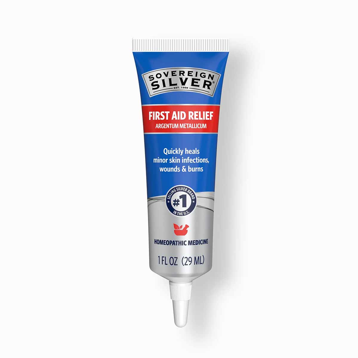Sovereign Silver First Aid Relief gel tube, 1 fl oz, with blue and red labeling and white applicator tip.