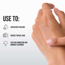 Clear gel being applied to a hand wound with usage text listing healing, pain relief, and inflammation reduction benefits.