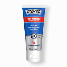 Blue and silver tube of Sovereign Silver First Aid Gel, 2 fl oz, with red label band and white cap.