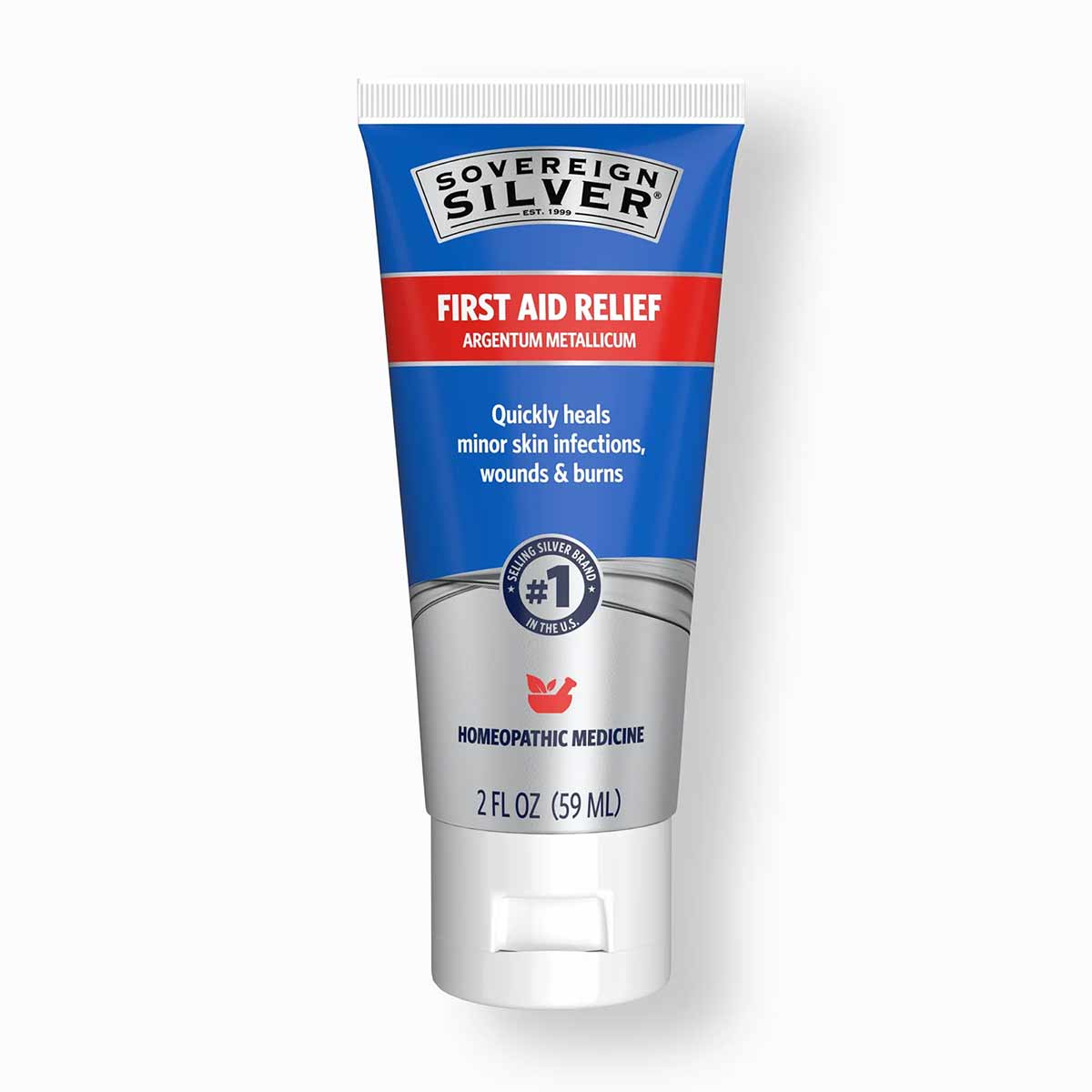 Blue and silver tube of Sovereign Silver First Aid Gel, 2 fl oz, with red label band and white cap.