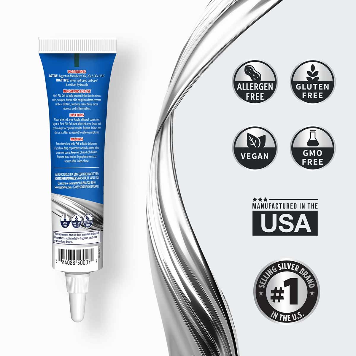 Blue tube of Sovereign Silver first aid gel with white applicator tip and product information labels on back.