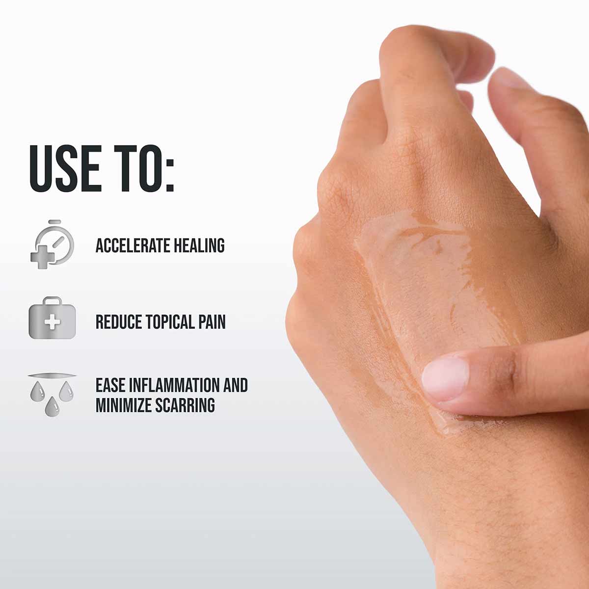 Clear gel being applied to a hand wound with usage benefits listed.