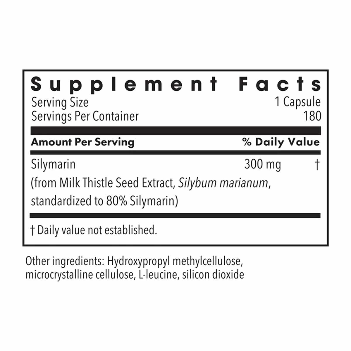 Supplement Facts label for Silymarin milk thistle extract capsules showing 300 mg per serving, 180 servings per container.