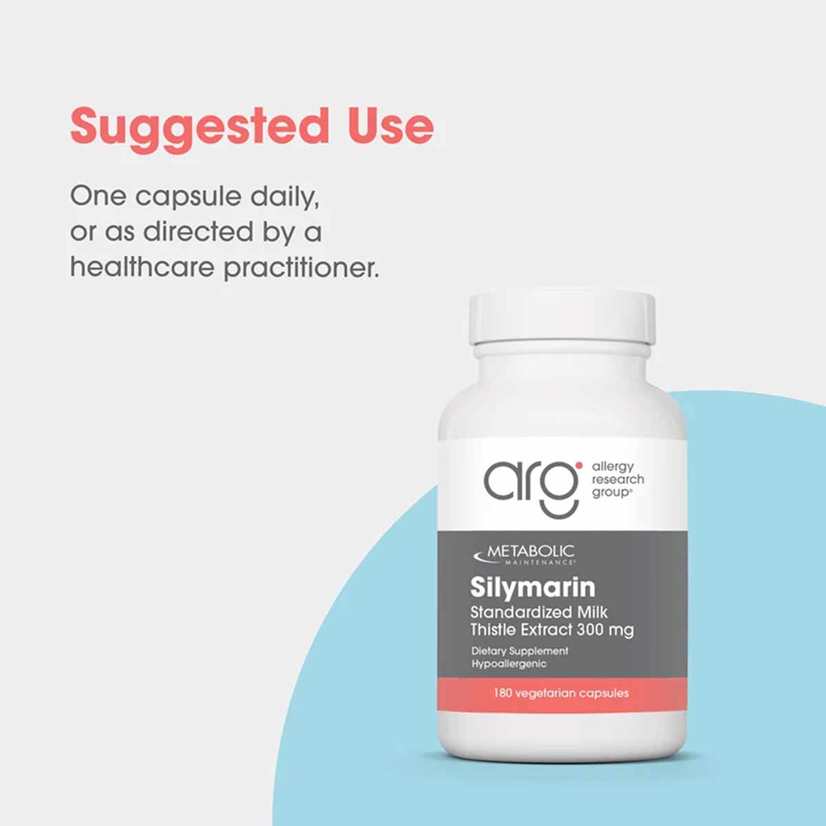 White bottle of Silymarin Standardized Milk Thistle Extract 300 mg by Allergy Research Group containing 180 vegetarian capsul