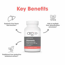 White bottle of Allergy Research Group Silymarin Standardized Milk Thistle Extract 300 mg with gray and coral label, 180 vege