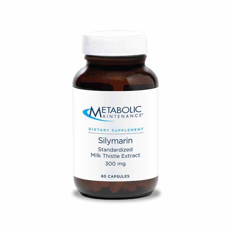 Brown bottle with white label containing 60 capsules of Silymarin Standardized Milk Thistle Extract 300 mg by Metabolic Maint