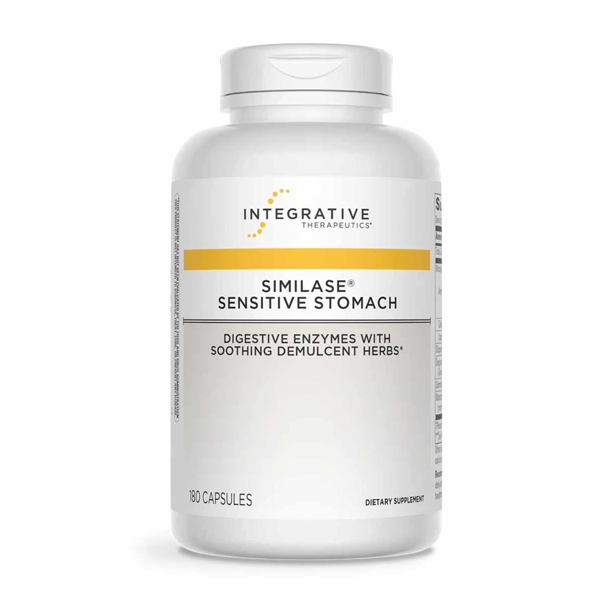 White bottle of Similase Sensitive Stomach digestive enzyme capsules by Integrative Therapeutics, 180 count.