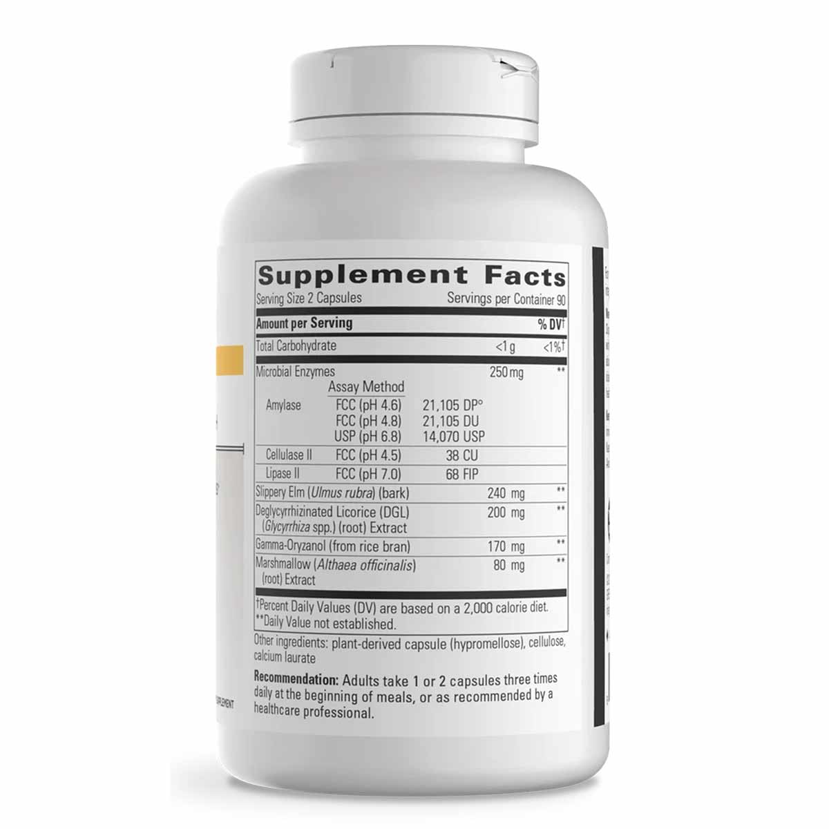 White capsule bottle with white screw cap showing supplement facts label listing digestive enzymes and botanical ingredients.