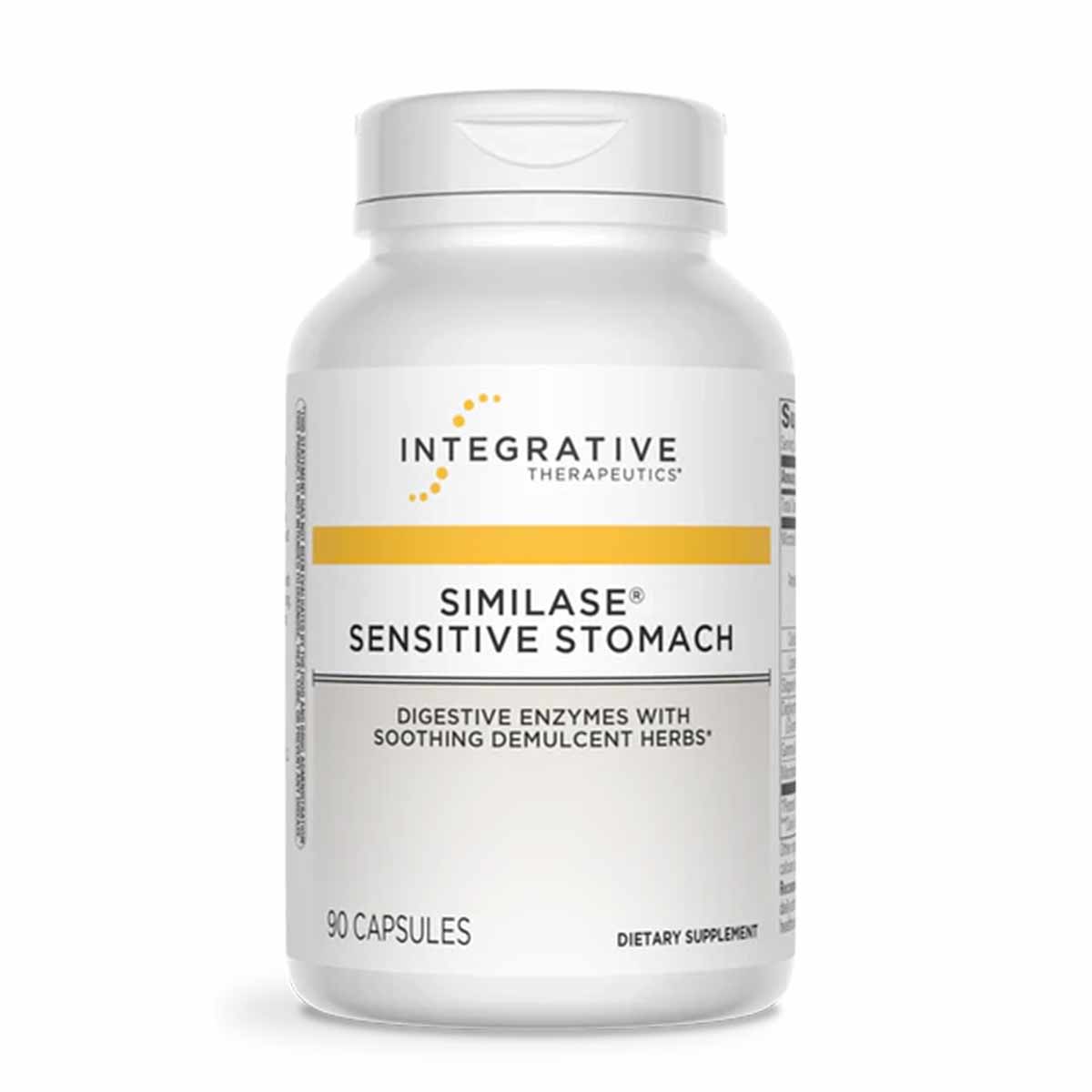 White capsule bottle of Similase Sensitive Stomach digestive enzymes by Integrative Therapeutics, 90 capsules.