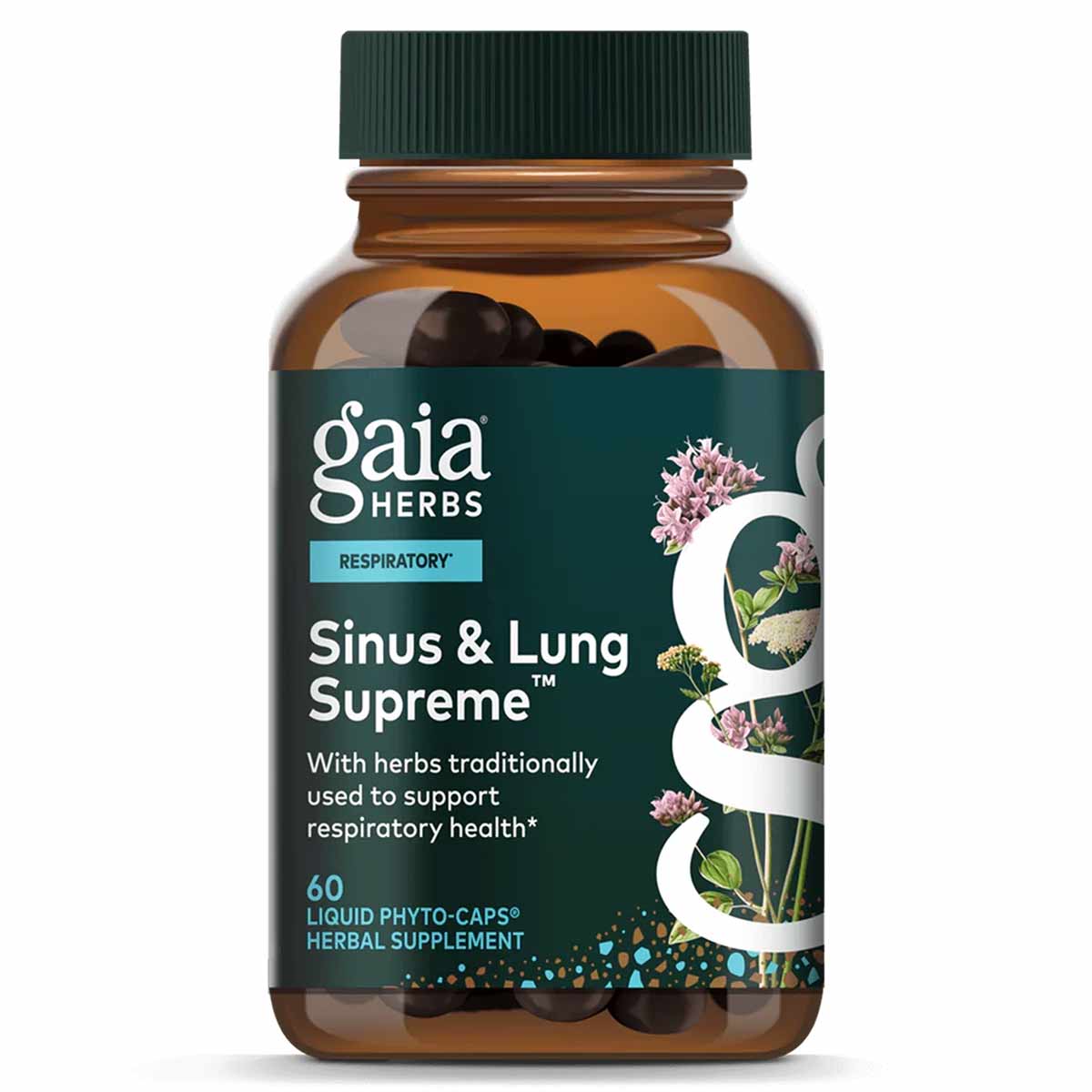 Gaia Herbs Sinus & Lung Supreme herbal supplement bottle with green cap containing 60 liquid phyto-caps.