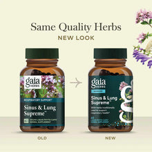Two amber glass bottles of Gaia Herbs Sinus & Lung Supreme with green caps, showing old and new label designs side by side.