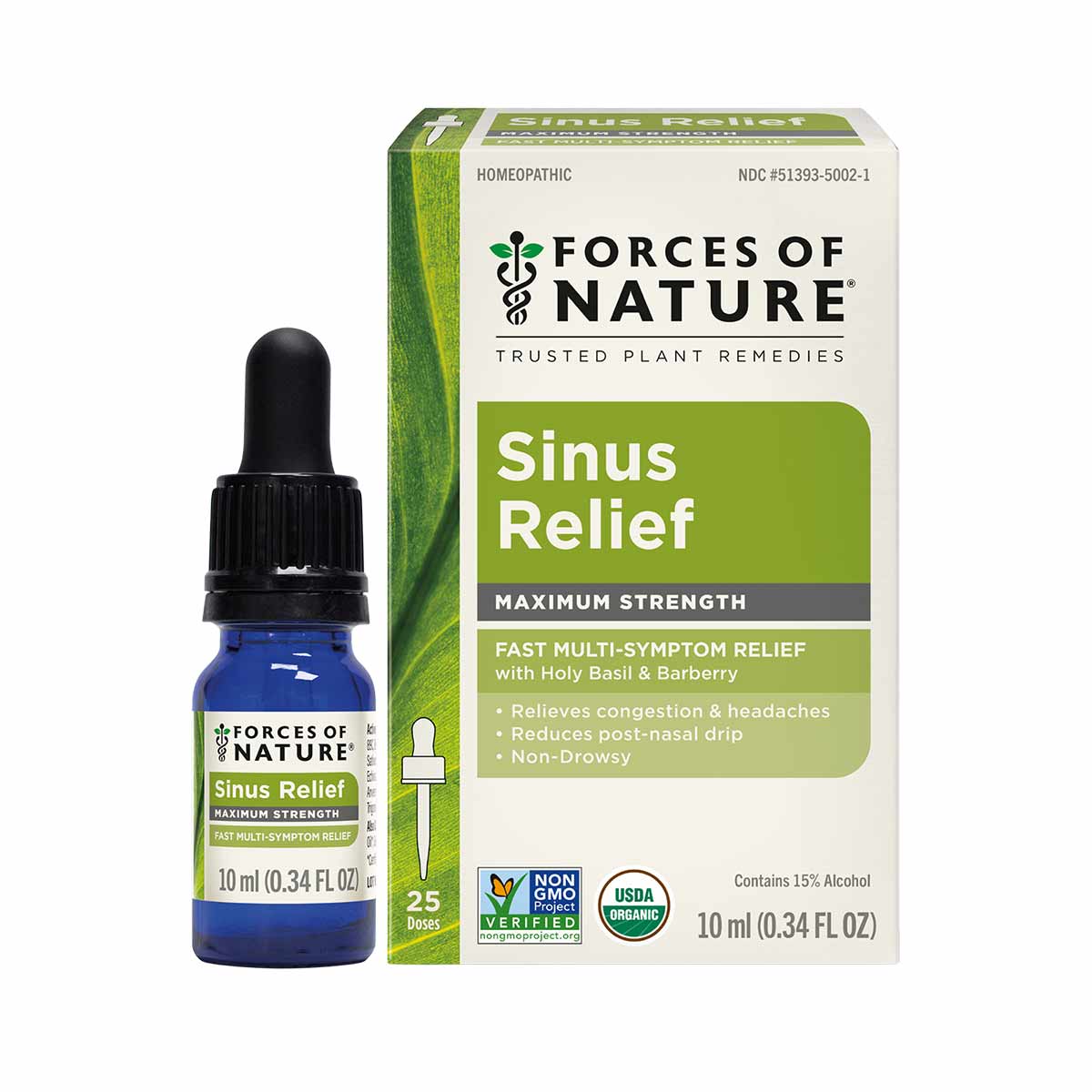 Blue glass dropper bottle and beige cardboard box of Forces of Nature Sinus Relief Maximum Strength homeopathic remedy.