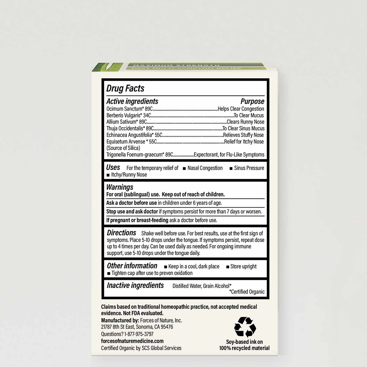 Back label of Forces Of Nature Sinus Relief Maximum Strength bottle showing drug facts, active ingredients, uses, warnings, a