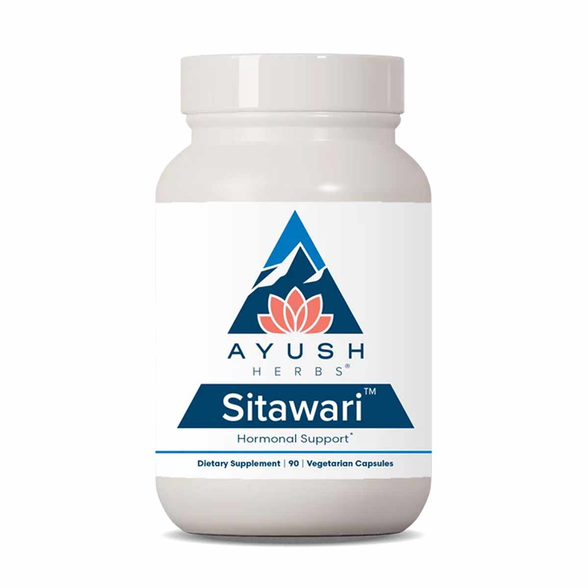 White plastic bottle of Ayush Herbs Sitawari Hormonal Support dietary supplement containing 90 vegetarian capsules with blue 