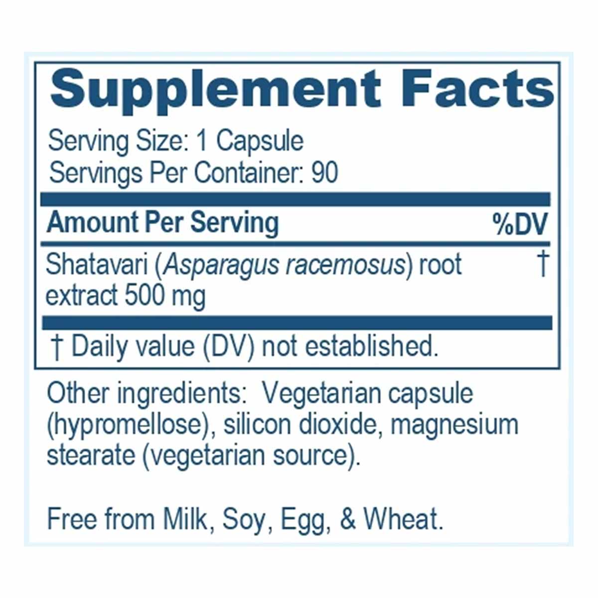 Supplement Facts label showing 90 capsules per container with Shatavari root extract 500 mg per serving and vegetarian capsul