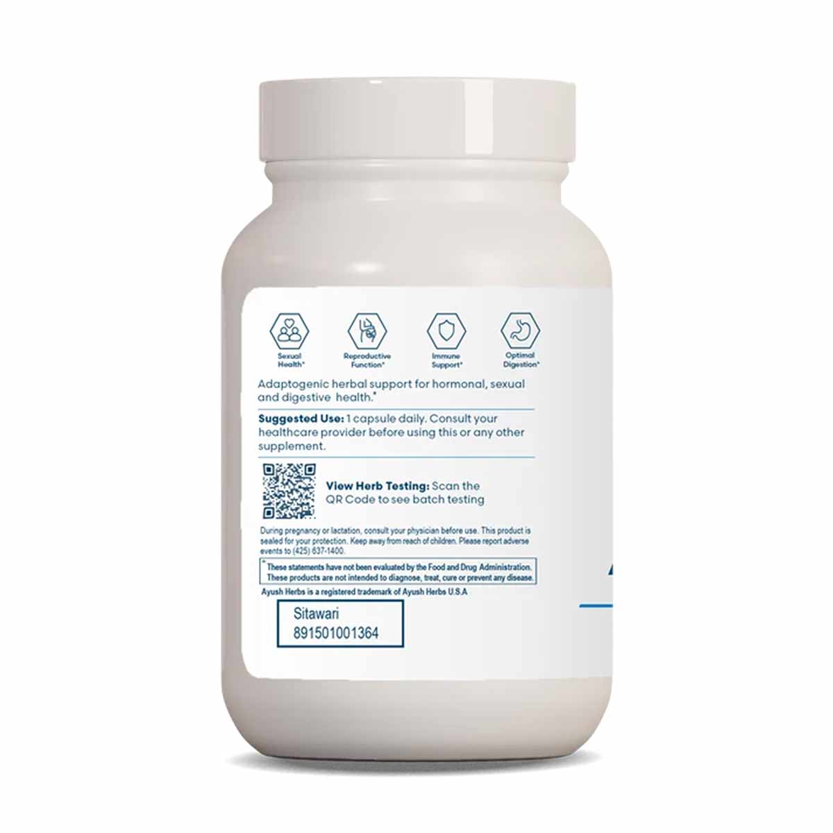 White plastic capsule bottle labeled Sitawari Hormonal Support by Ayush Herbs with usage instructions and product information