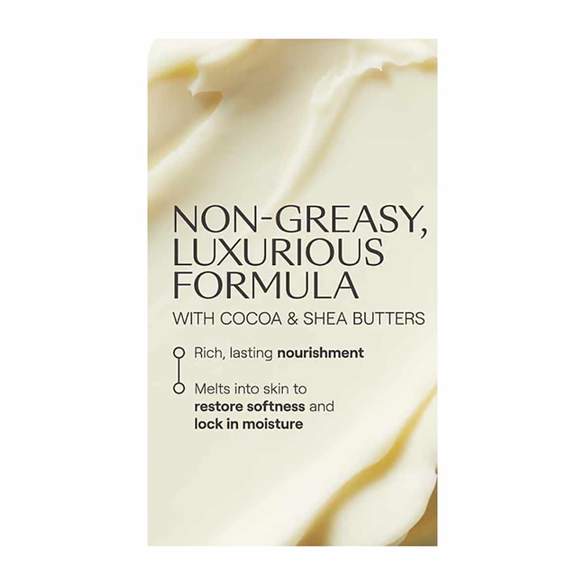 Cream-colored body butter with text describing non-greasy formula containing cocoa and shea butters.