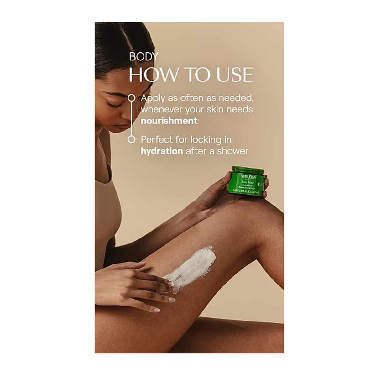 Person applying white body butter to arm, holding green Weleda Skin Food jar, with usage instructions displayed.
