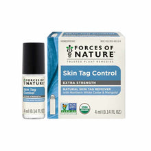 Forces of Nature Skin Tag Control Extra Strength roll-on bottle with black cap next to its blue and white product box.