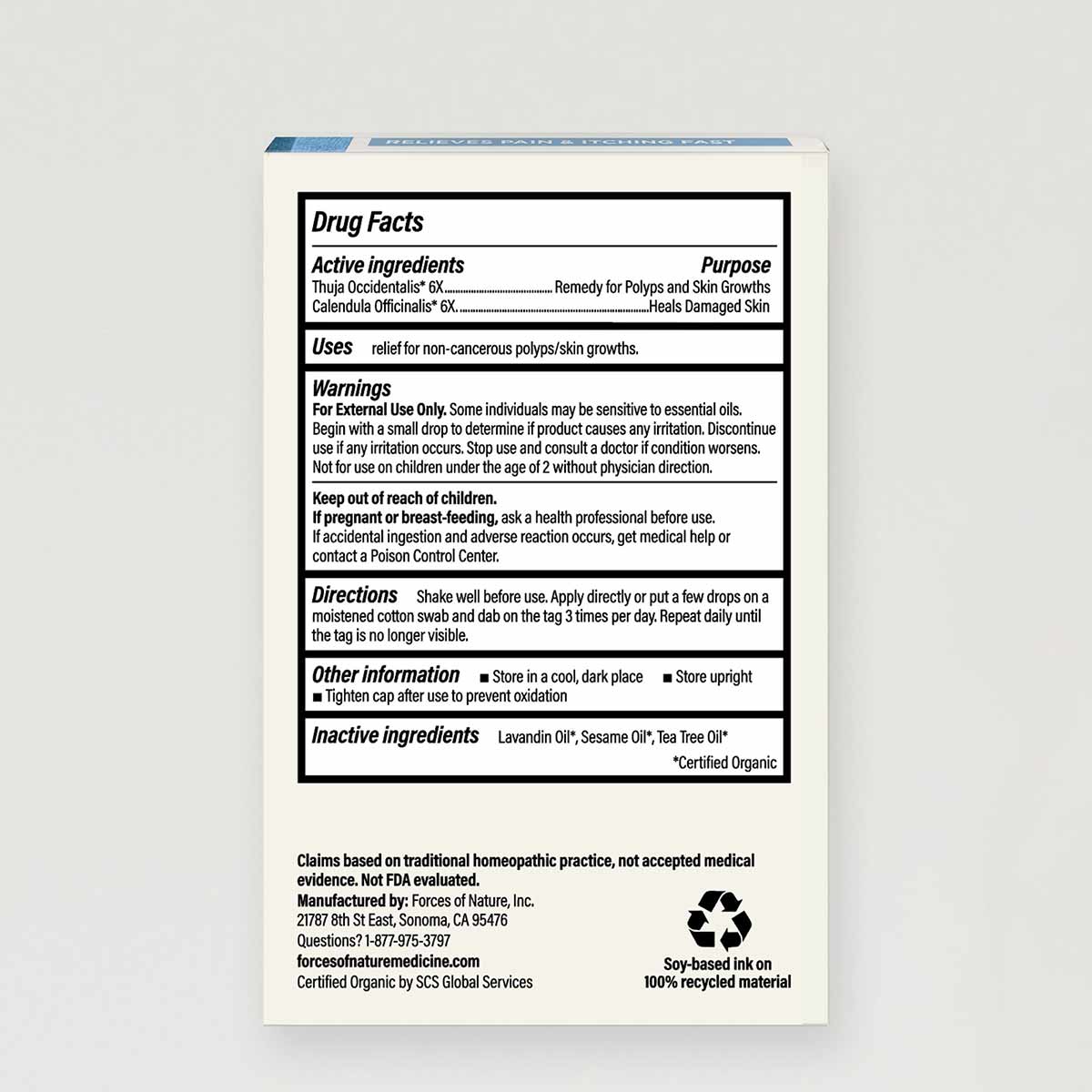 Back panel of Skin Tag Control Extra Strength Roll On bottle showing drug facts, ingredients, warnings, directions, and manuf