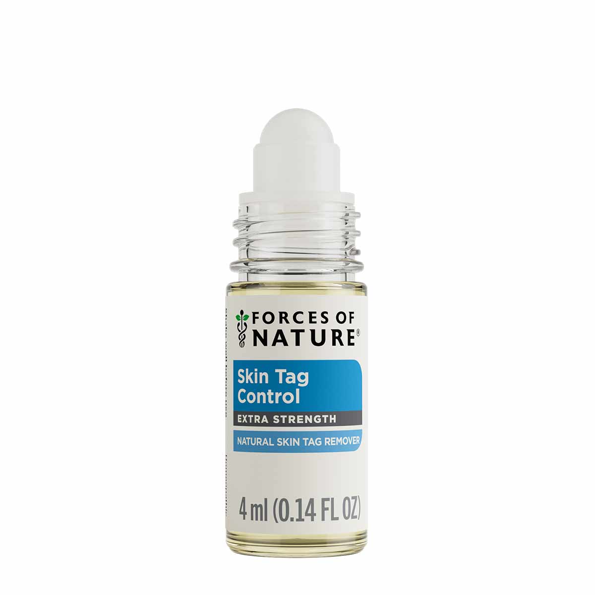Clear glass roll-on bottle with white cap containing pale yellow liquid, labeled "Skin Tag Control Extra Strength" by Forces 