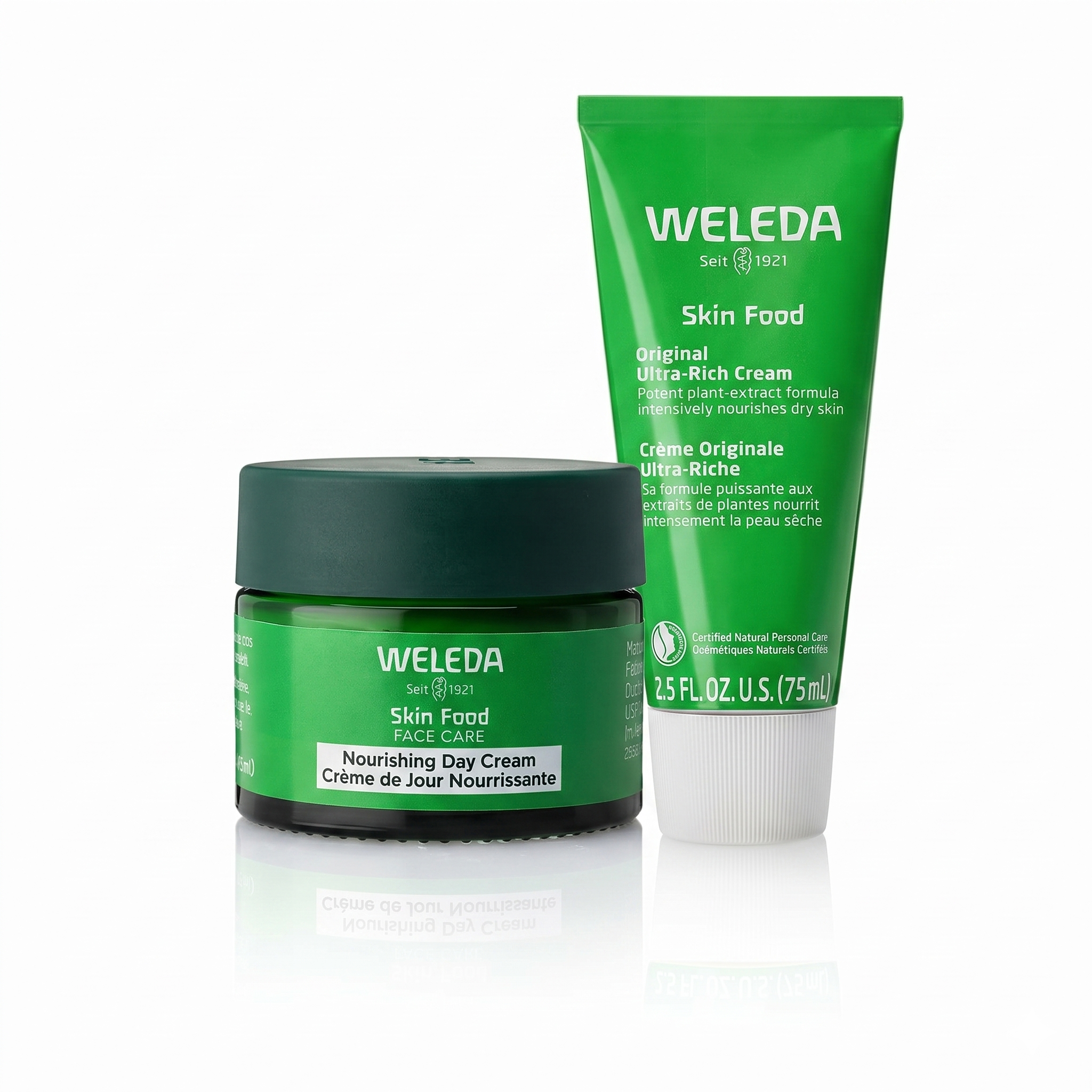 Weleda Skin Food green jar and tube containing nourishing day cream and ultra-rich cream products.