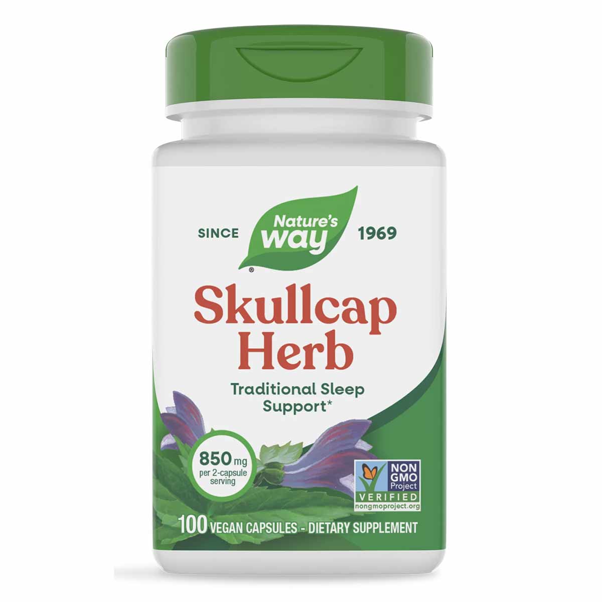 Nature's Way Skullcap Herb dietary supplement bottle with green cap containing 100 vegan capsules at 850 mg per serving.