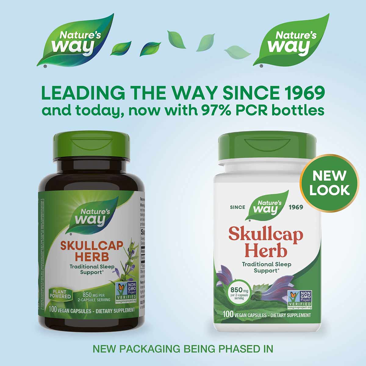 Two Nature's Way Skullcap Herb supplement bottles with green caps, one dark brown and one white, labeled for traditional slee