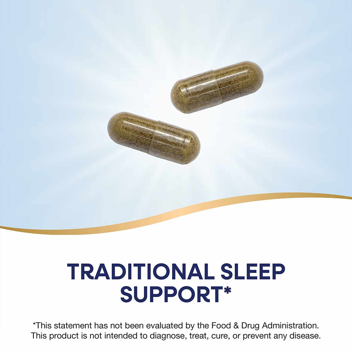 Two brown herbal supplement capsules on light blue background with gold wave design element.